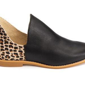 Adessa Slip-On Flat – Black Leather with Leopard Heel